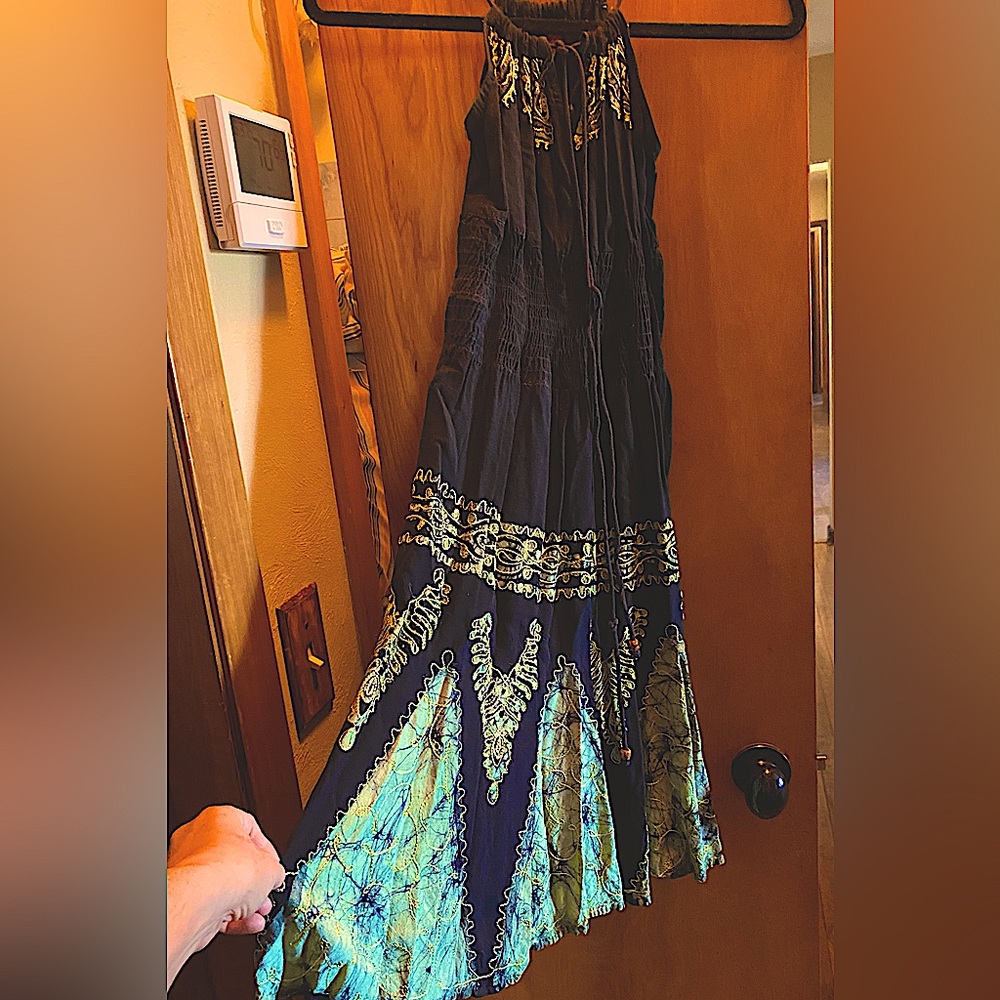 Indian dress, black with green embroidered batic. cotton, vicose